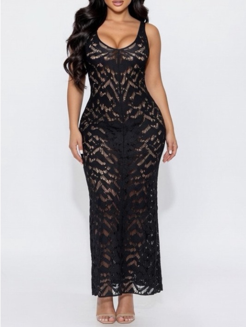 Black Crochet Lace Maxi Dress with Scoop Neck